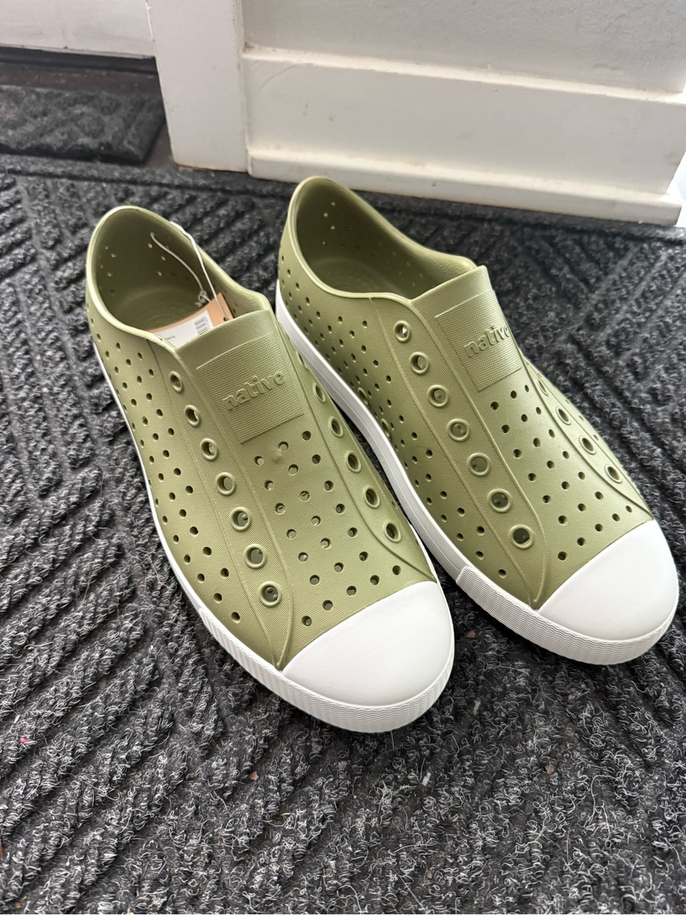 NWT Native Jeopardy Slip-On Sneakers in Olive Green with White Toe